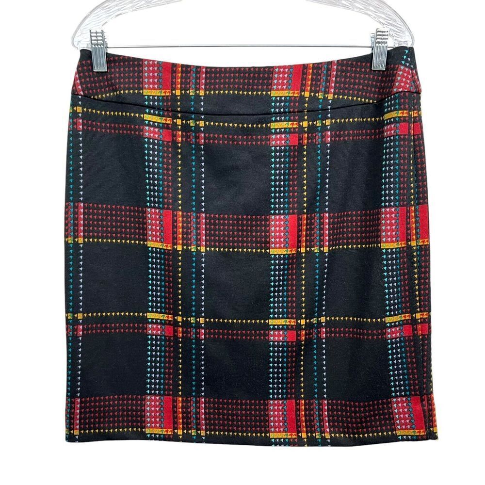 Evan Picone Women Mini Pencil Skirt Plaid Stretch Wide Waist Band‎ Black Red 8*